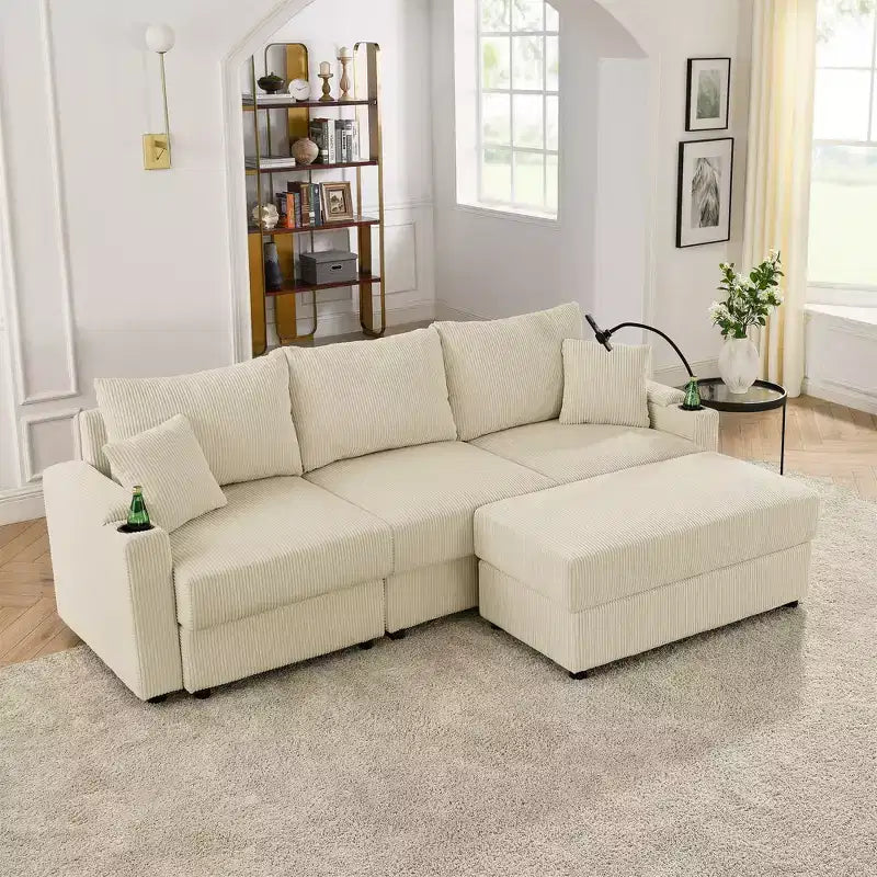 Modern 3-Seater Corduroy 102" Sofa with Cup Holders, Phone Holder, Armrest Storage & Ottoman