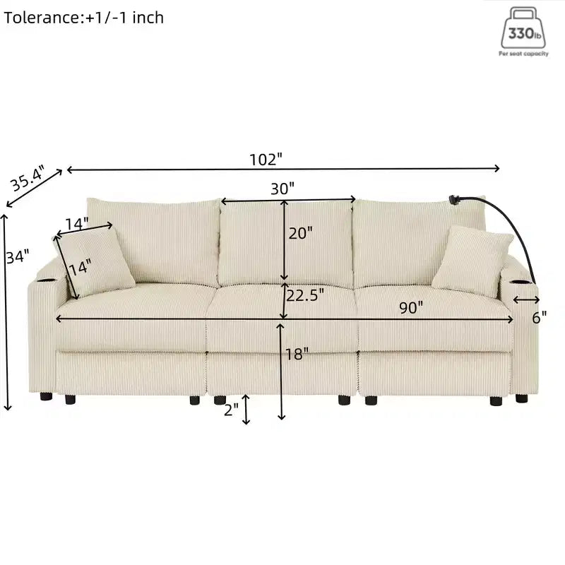 Modern 3-Seater Corduroy 102" Sofa with Cup Holders, Phone Holder, Armrest Storage & Ottoman