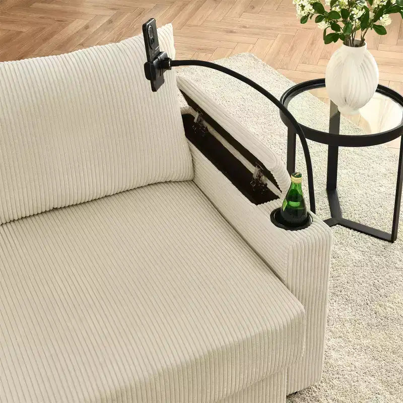 Modern 3-Seater Corduroy 102" Sofa with Cup Holders, Phone Holder, Armrest Storage & Ottoman