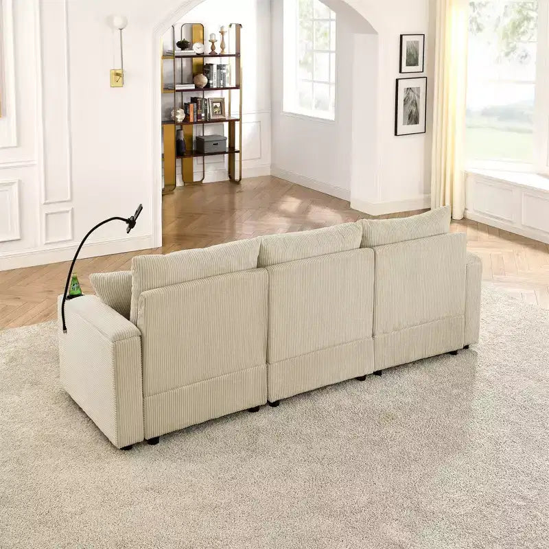 Modern 3-Seater Corduroy 102" Sofa with Cup Holders, Phone Holder, Armrest Storage & Ottoman