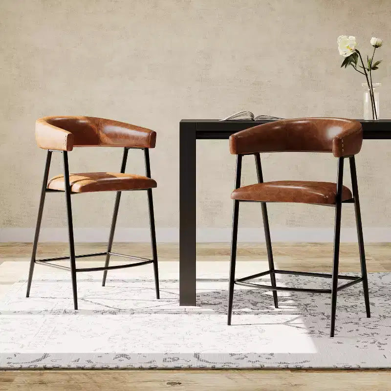 Upholstered 26" Faux Leather Counter Stool with Footrest & Iron Frame - Brown (Set of 2)