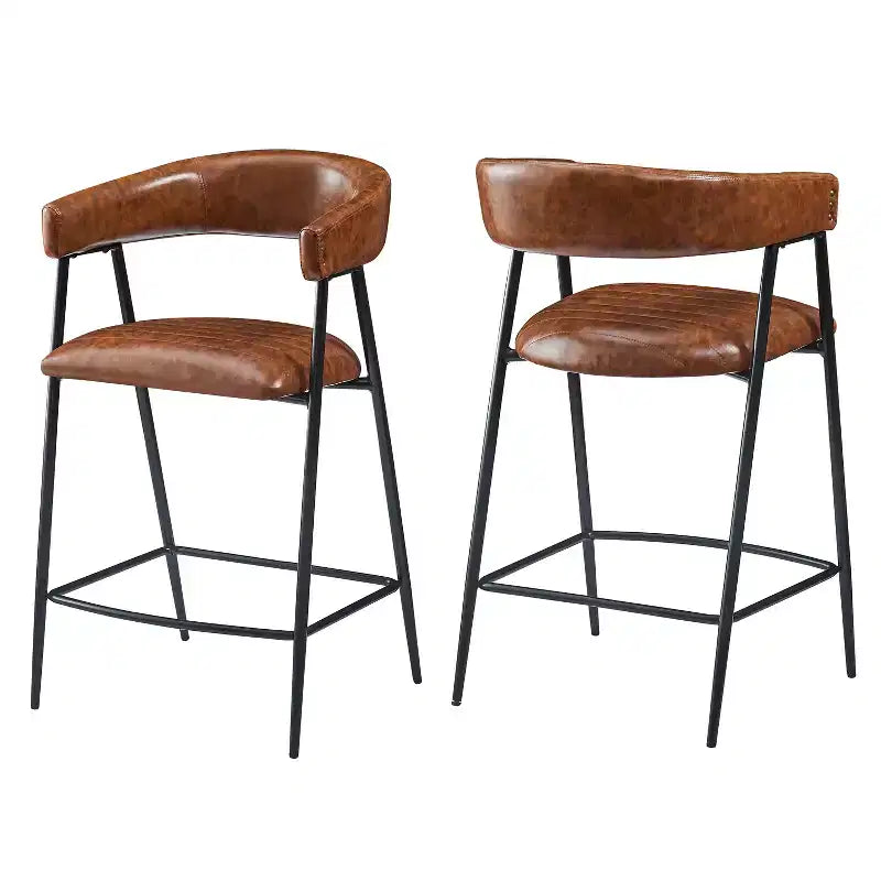 Upholstered 26" Faux Leather Counter Stool with Footrest & Iron Frame - Brown (Set of 2)