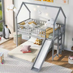Twin over Full House Bunk Bed with Slide and Built-in Ladder, Full-Length Guardrail, Gray
