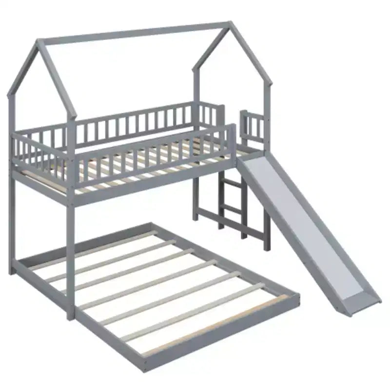 Twin over Full House Bunk Bed with Slide and Built-in Ladder, Full-Length Guardrail, Gray