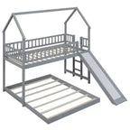 Lit superposé cabane double sur double avec toboggan et échelle intégrée, garde-corps pleine longueur, gris