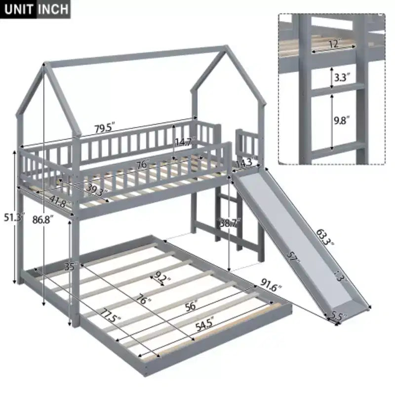 Twin over Full House Bunk Bed with Slide and Built-in Ladder, Full-Length Guardrail, Gray