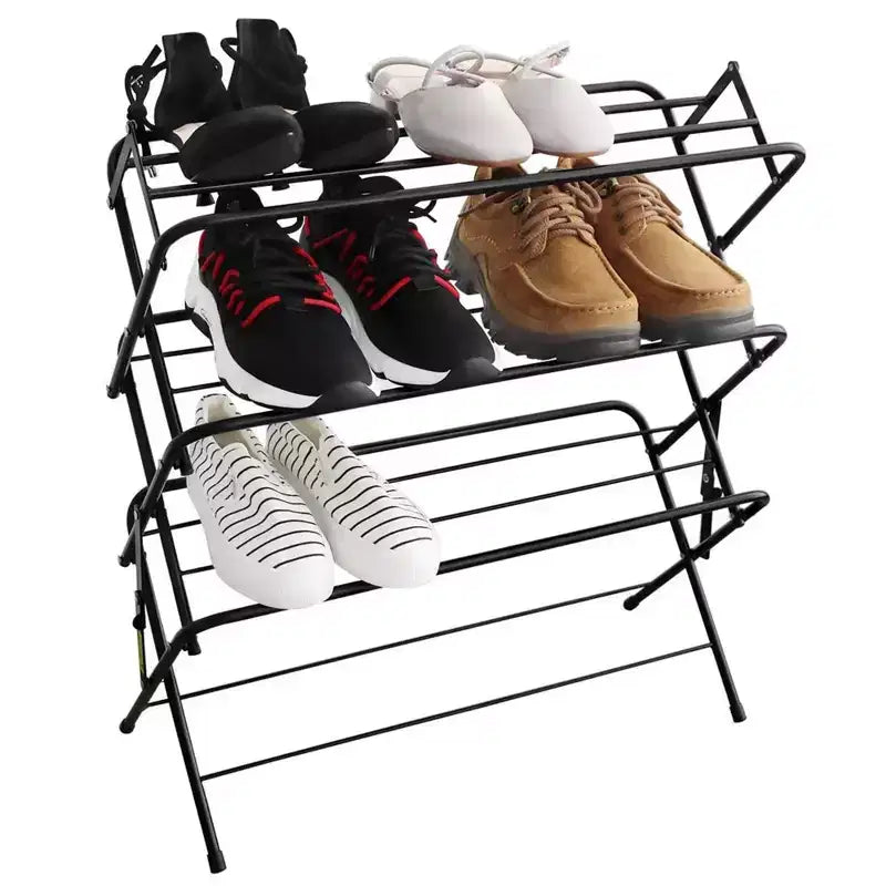 4-Tier Foldable Metal Shoe Rack - Holds 9-12 Pairs, Matte Black, No Assembly Required