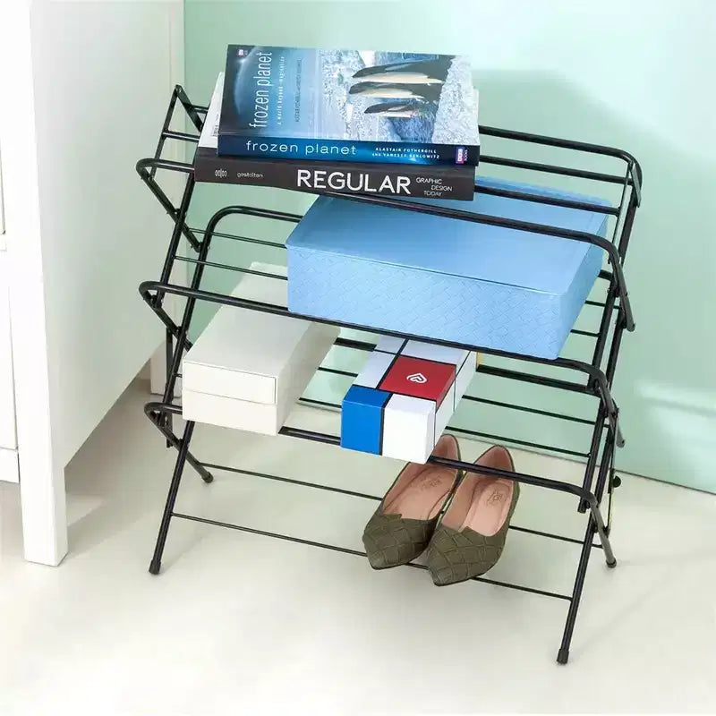 4-Tier Foldable Metal Shoe Rack - Holds 9-12 Pairs, Matte Black, No Assembly Required