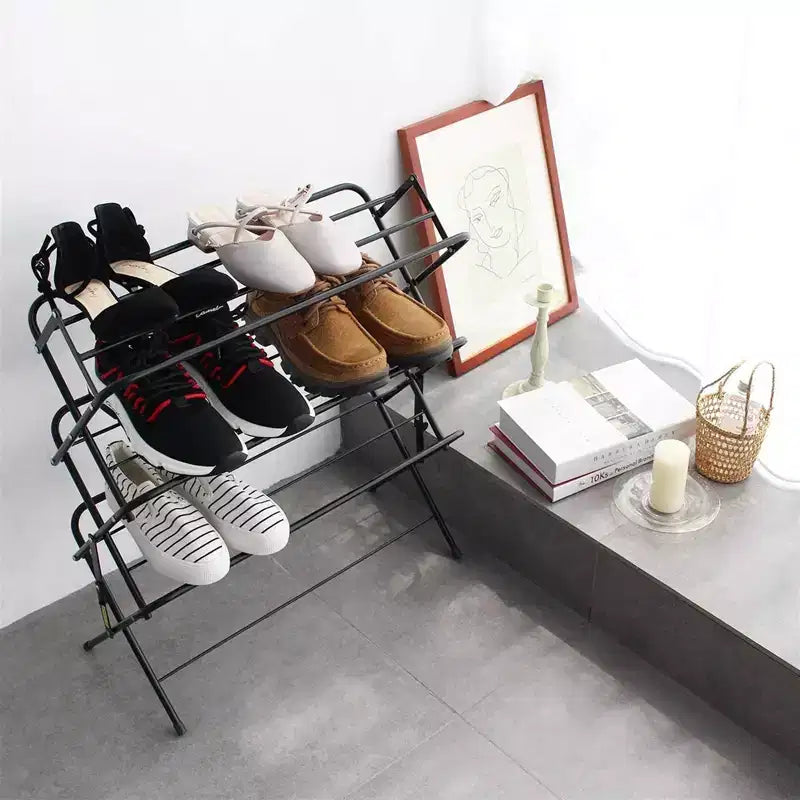 4-Tier Foldable Metal Shoe Rack - Holds 9-12 Pairs, Matte Black, No Assembly Required