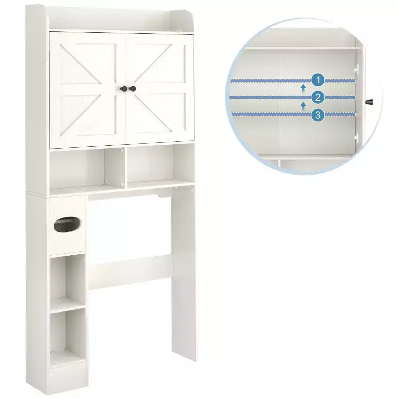Over-the-Toilet Storage Cabinet with Barn Doors, Toilet Paper Holder & 7 Storage Areas, 70"H