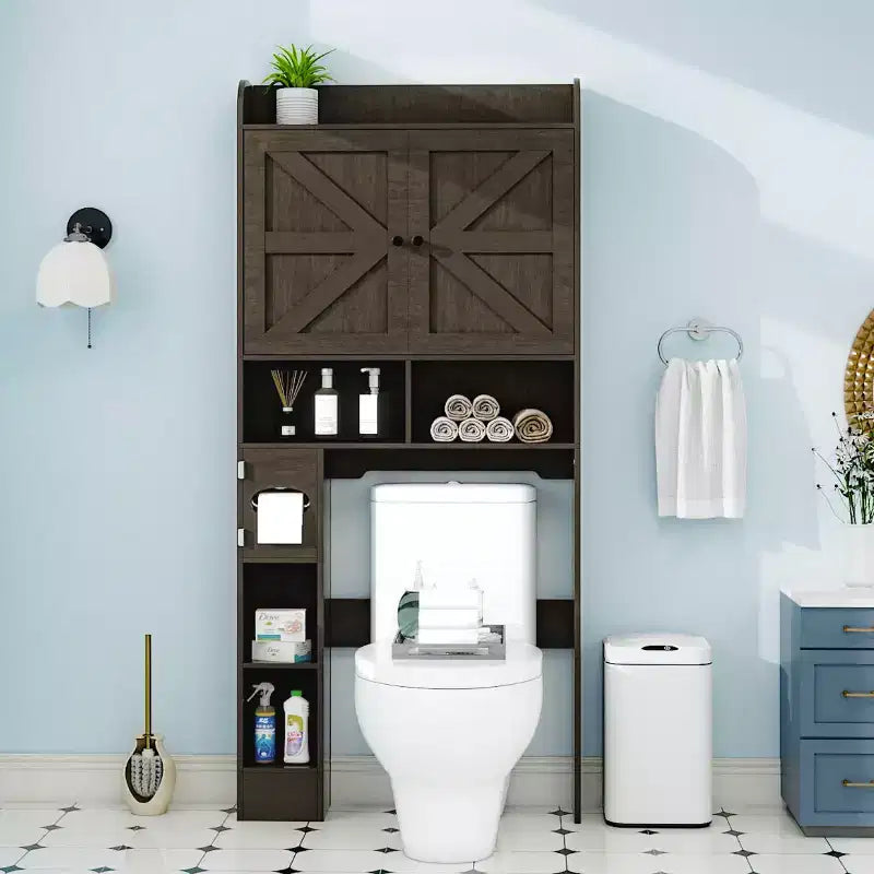 Over-the-Toilet Storage Cabinet with Barn Doors, Toilet Paper Holder & 7 Storage Areas, 70"H