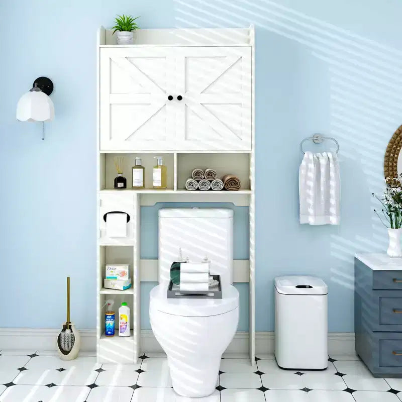 Over-the-Toilet Storage Cabinet with Barn Doors, Toilet Paper Holder & 7 Storage Areas, 70"H