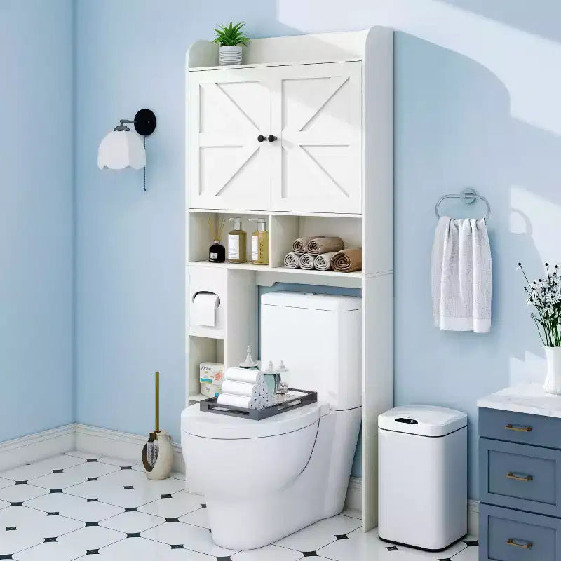 Over-the-Toilet Storage Cabinet with Barn Doors, Toilet Paper Holder & 7 Storage Areas, 70"H