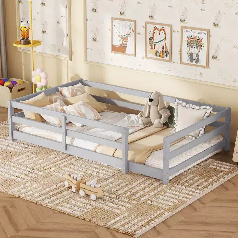 Twin/Full Low Profile Toddler Bed with Safety Rails & Solid Wood Frame - Kids Bedroom