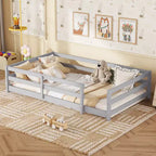 Lit pour tout-petits double/grand format à profil bas avec barres de sécurité et cadre en bois massif - Chambre d'enfant