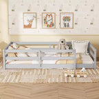 Lit pour tout-petits double/grand format à profil bas avec barres de sécurité et cadre en bois massif - Chambre d'enfant