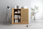 31x31x16 Wood Grain Buffet Cabinet, Storage Organizer with Adjustable Shelves and Rattan Doors for Kitchen Bedroom Living/Dinning Room