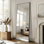 Miroir rectangulaire pleine longueur, miroir sur pied 71x31 avec support, miroir pleine longueur à cadre en alliage d'aluminium noir pour chambre à coucher et salon, noir
