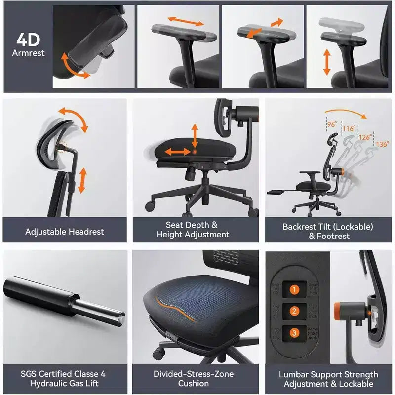 Ergonomic Office Chair with Footrest - Auto-Following Lumbar Support, 4D Armrest, Adjustable Seat