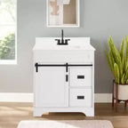 Bestier 30 White Farmhouse Bathroom Vanity with Sliding Barn Doors, 2 Drawers, Freestanding Vanity with Protective Backsplash