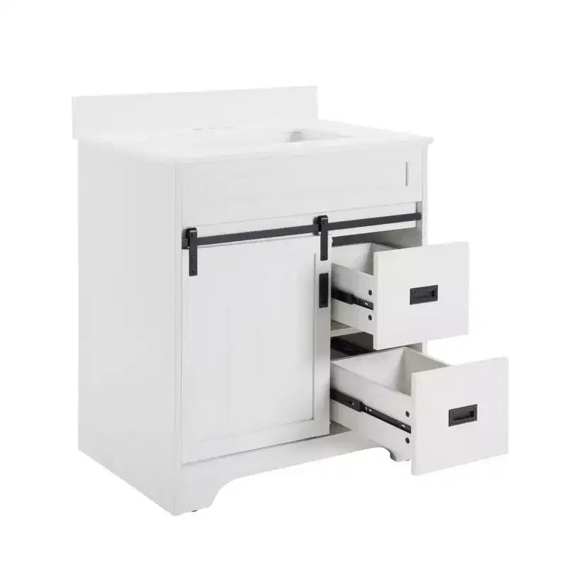 30" White Farmhouse Bathroom Vanity with Sliding Barn Doors, 2 Drawers & Backsplash