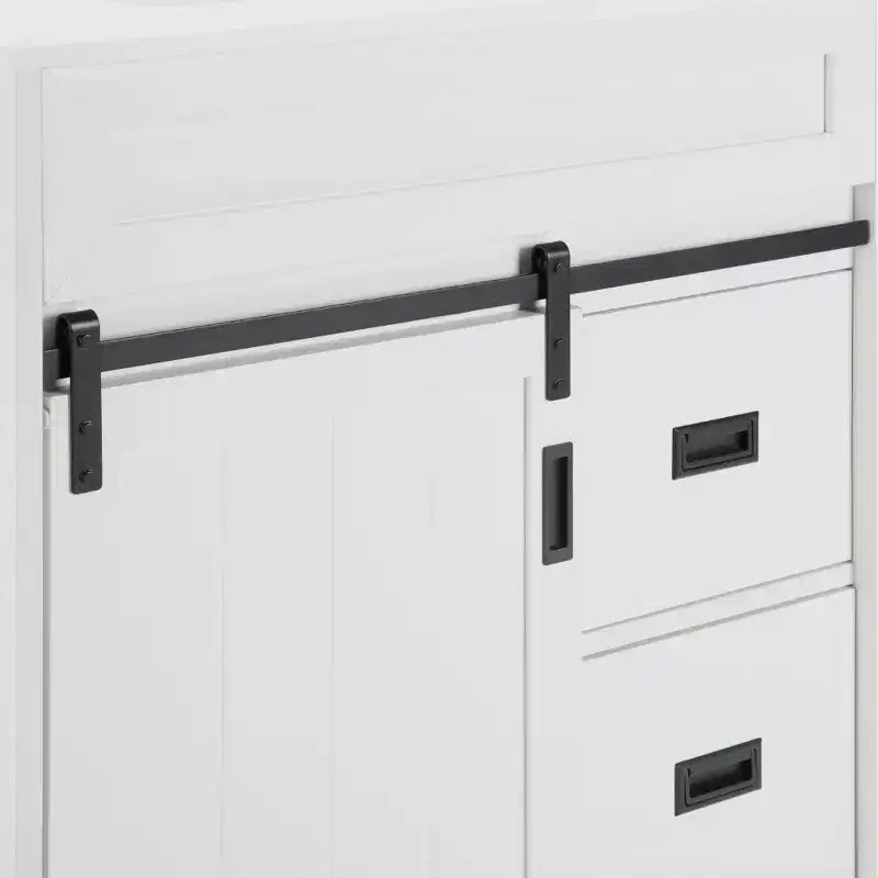 30" White Farmhouse Bathroom Vanity with Sliding Barn Doors, 2 Drawers & Backsplash