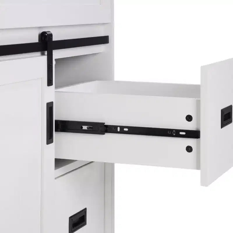30" White Farmhouse Bathroom Vanity with Sliding Barn Doors, 2 Drawers & Backsplash