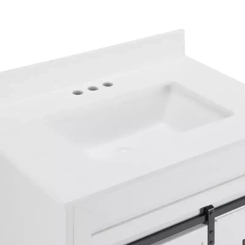 30" White Farmhouse Bathroom Vanity with Sliding Barn Doors, 2 Drawers & Backsplash