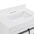 Meuble de salle de bain de ferme blanc de 30 po avec portes coulissantes de grange, 2 tiroirs et dosseret