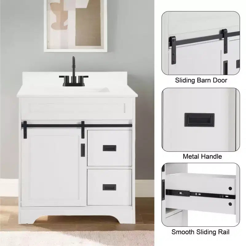 30" White Farmhouse Bathroom Vanity with Sliding Barn Doors, 2 Drawers & Backsplash