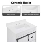 Meuble de salle de bain de ferme blanc de 30 po avec portes coulissantes de grange, 2 tiroirs et dosseret