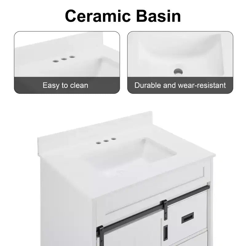 30" White Farmhouse Bathroom Vanity with Sliding Barn Doors, 2 Drawers & Backsplash
