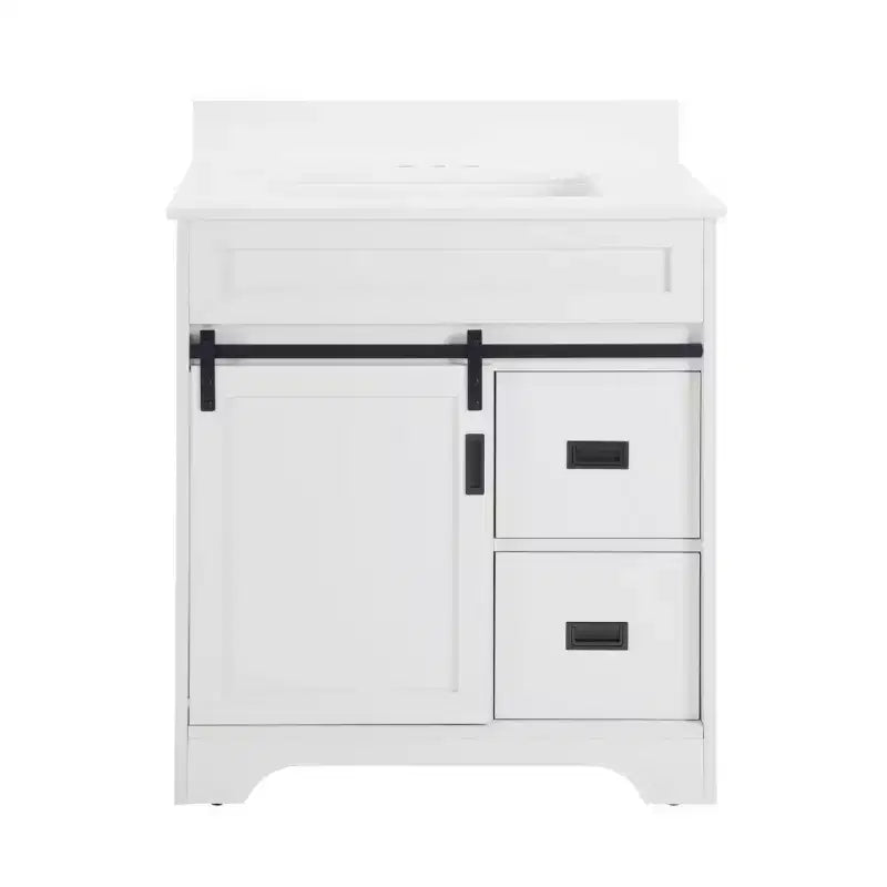 30" White Farmhouse Bathroom Vanity with Sliding Barn Doors, 2 Drawers & Backsplash