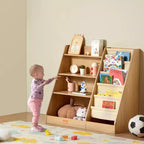 Étagère à Livres en Bois à 4 Niveaux pour Enfants - Bibliothèque à Écharpe à Six Couches, Organisateur de Jouets et de Livres pour Chambre d'Enfant