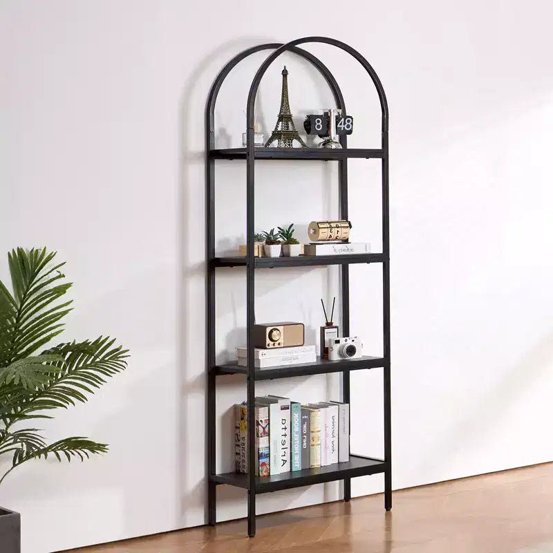 4-Tier Arched Industrial Metal Bookshelf - Rustic Vintage Open Shelves, Freestanding