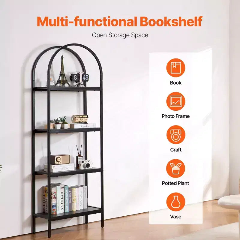4-Tier Arched Industrial Metal Bookshelf - Rustic Vintage Open Shelves, Freestanding