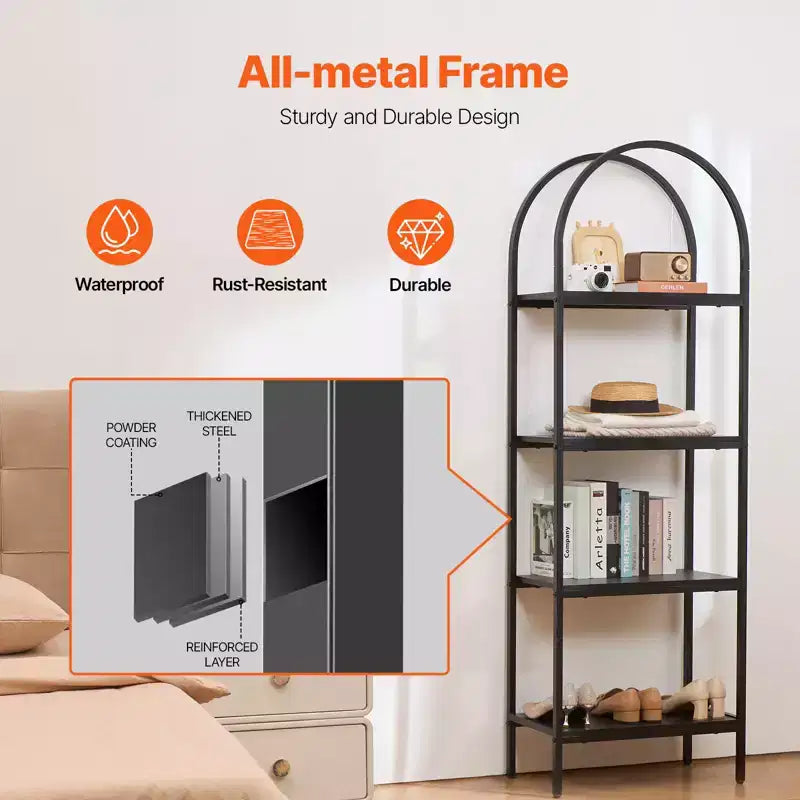 4-Tier Arched Industrial Metal Bookshelf - Rustic Vintage Open Shelves, Freestanding