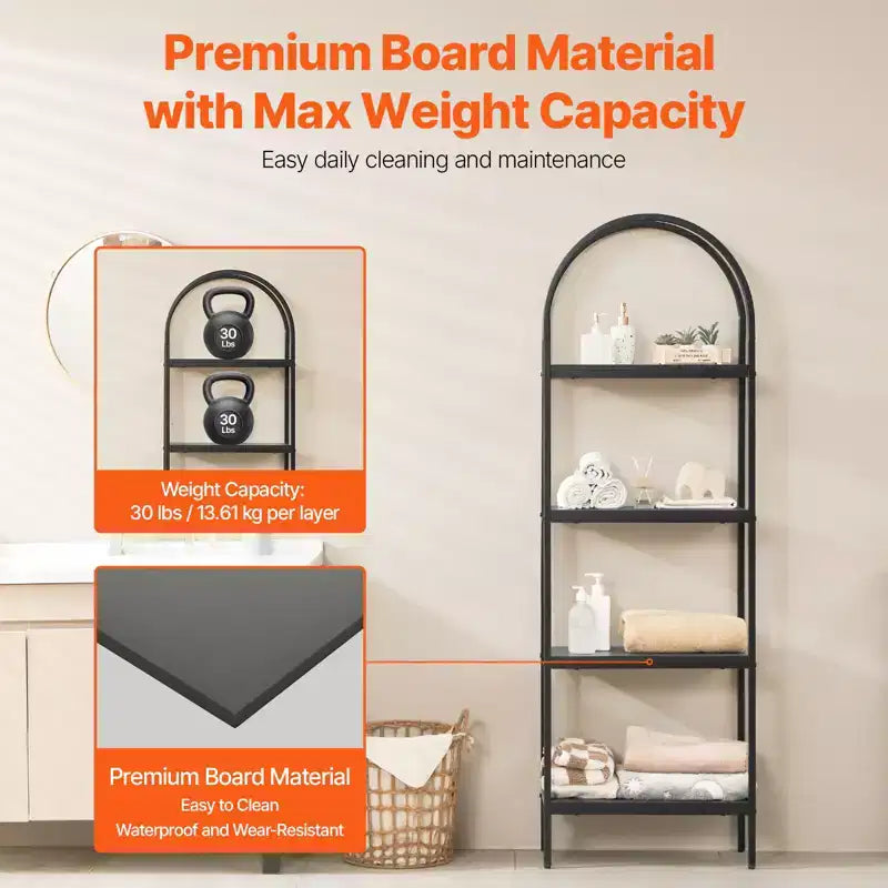 4-Tier Arched Industrial Metal Bookshelf - Rustic Vintage Open Shelves, Freestanding