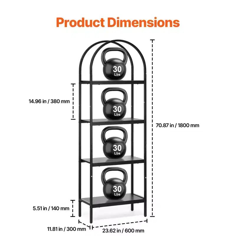 4-Tier Arched Industrial Metal Bookshelf - Rustic Vintage Open Shelves, Freestanding