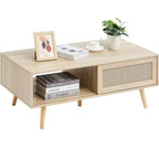 VEVOR Rattan Coffee Table, Mid Century Modern Coffee Table, Rectangle Wood Coffee Table, 42 Inch Modern Boho Style Two Layers Storage Coffee Table