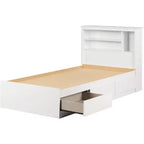 Cadre de lit double avec tête de lit bibliothèque et tiroirs de rangement, blanc, panneau de particules