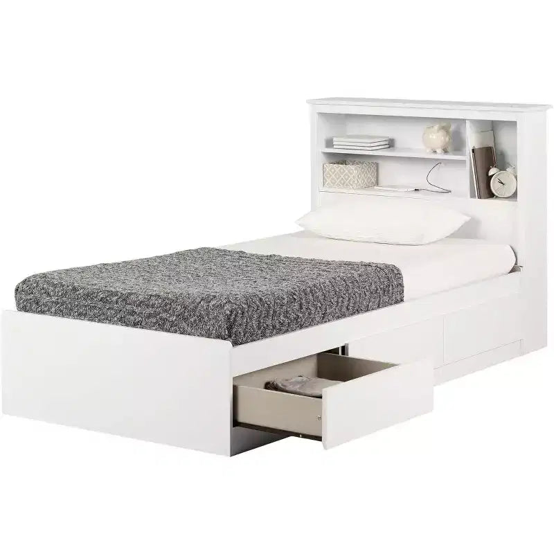 Twin Size Bed Frame with Bookcase Headboard & Storage Drawers, White, Particle Board