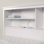Cadre de lit double avec tête de lit bibliothèque et tiroirs de rangement, blanc, panneau de particules