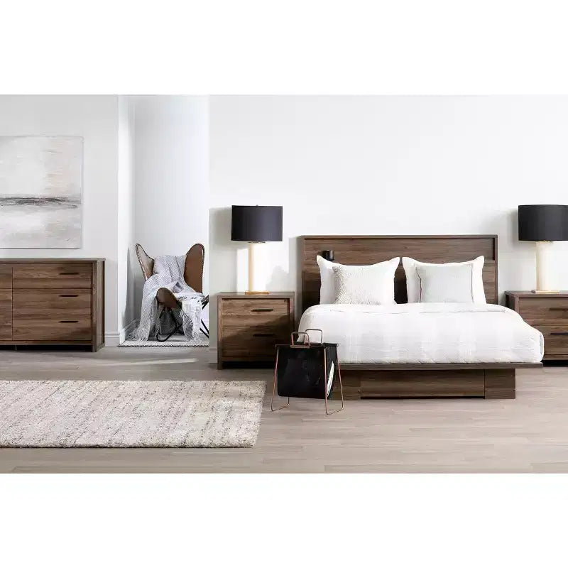 Adjustable Full to Queen Bed Frame with Storage Drawer, Particle Board, Brown