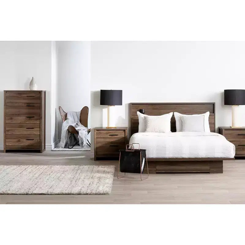Adjustable Full to Queen Bed Frame with Storage Drawer, Particle Board, Brown