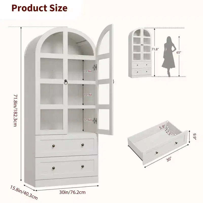 Tall Farmhouse Kitchen Pantry Cabinet with Arched Door & 2 Large Drawers, Easy Assembly