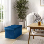 Ottoman de rangement d'appoint capitonné en velours bleu, cube de 40 cm avec couvercle amovible