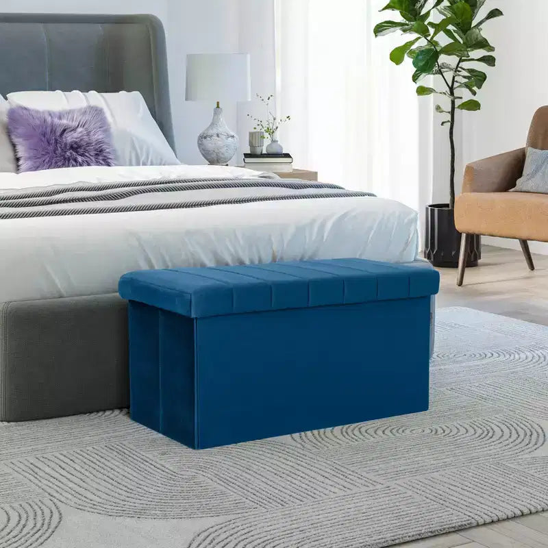 Blue Velvet Cushioned Accent Storage Ottoman, 15.7" Cube with Removable Lid