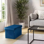 Ottoman de rangement d'appoint capitonné en velours bleu, cube de 40 cm avec couvercle amovible