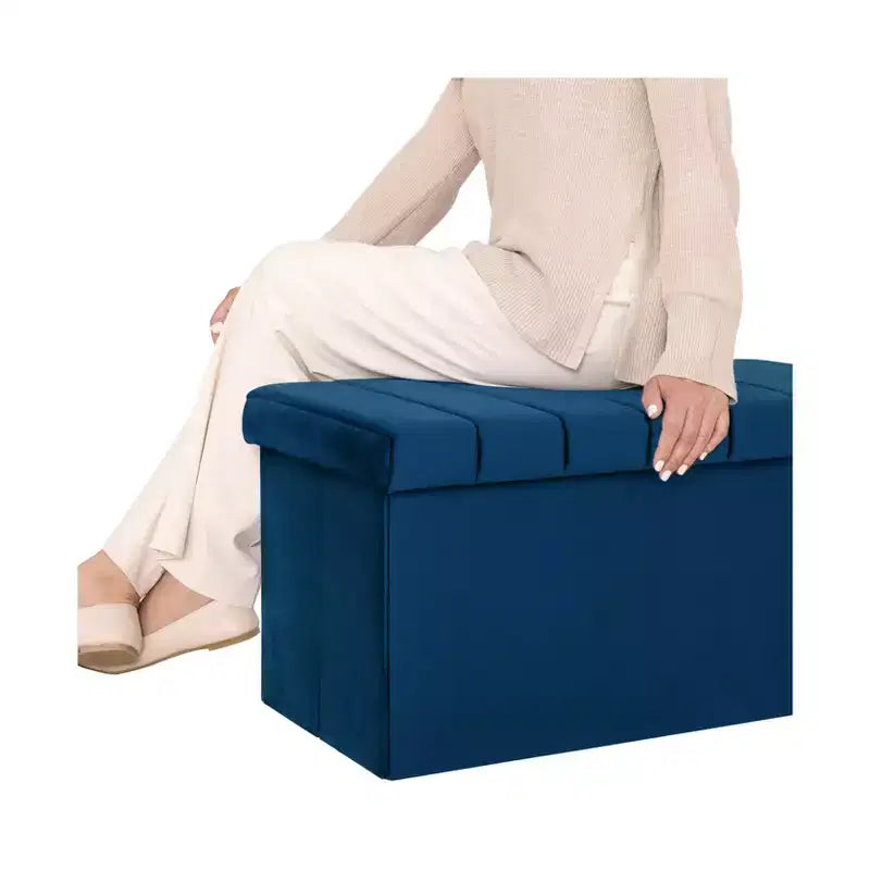 Blue Velvet Cushioned Accent Storage Ottoman, 15.7" Cube with Removable Lid